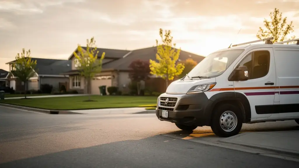 A plumbing service van parked at a suburban Oklahoma curb in evening light