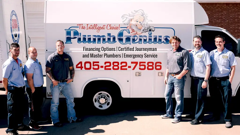 Six Plumb Genius crew members in uniform standing in front of a branded service truck reading Financing Options, Certified Journeyman and Master Plumbers, and Emergency Service